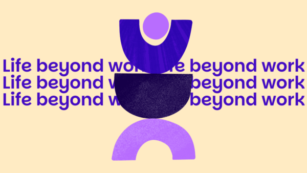 an abstract stack of purple, blue and violet semicircles with the words Life Beyond Work behind them